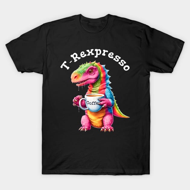 Cute Rainbow Dinosaur T-Rex - T-Rexpresso - Kawaii Anime Dino & Coffee Lover T-Shirt by Ai Wanderer